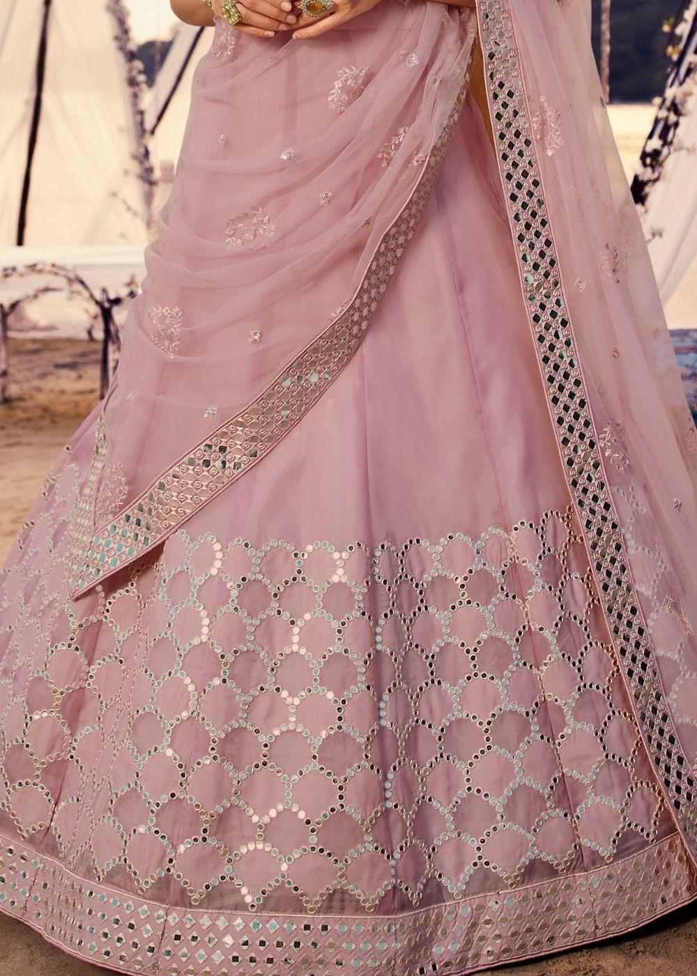 Taffy Pink Organza Lehenga Choli with Thread, Foli and Mirror work - qivii