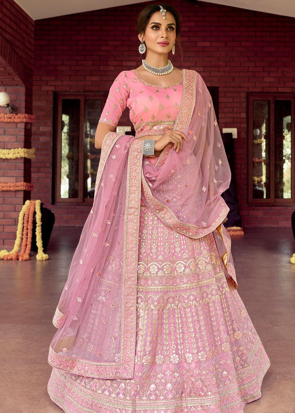 Taffy Pink Organza Lehenga Choli with Zarkan, Gota, Resham & Zari work - qivii