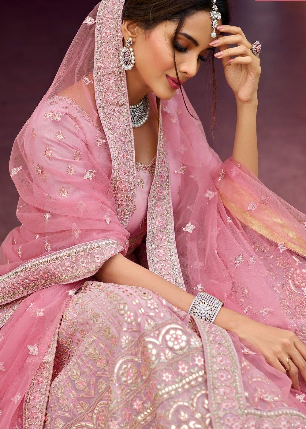 Taffy Pink Organza Lehenga Choli with Zarkan, Gota, Resham & Zari work - qivii