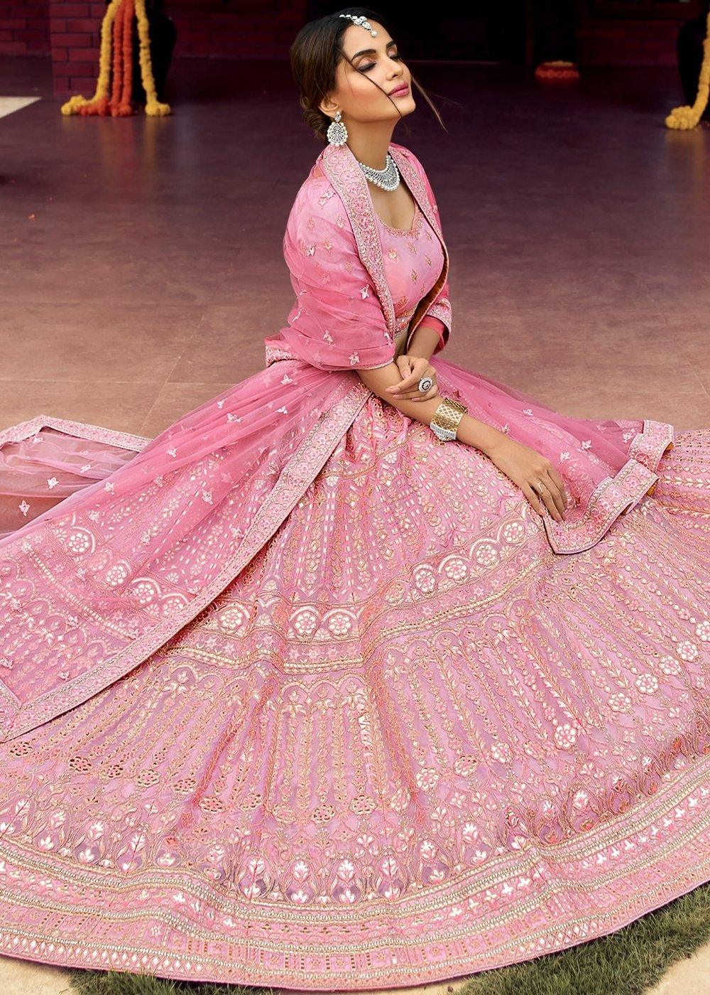 Taffy Pink Organza Lehenga Choli with Zarkan, Gota, Resham & Zari work - qivii