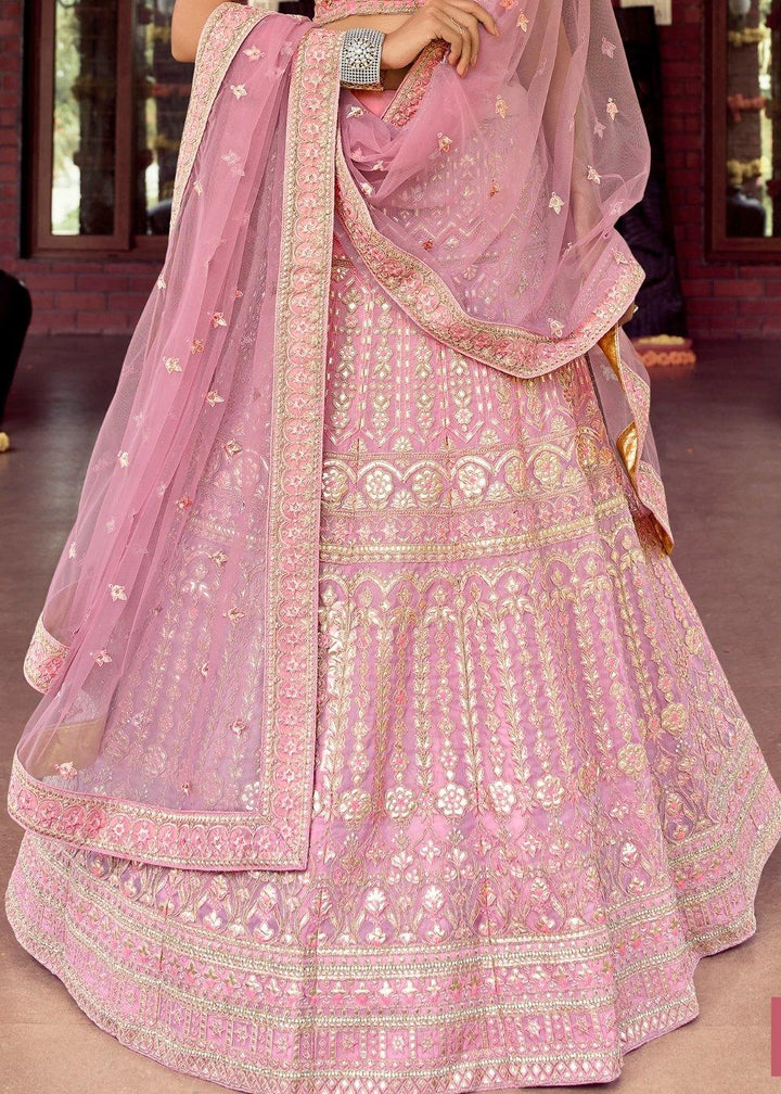 Taffy Pink Organza Lehenga Choli with Zarkan, Gota, Resham & Zari work - qivii