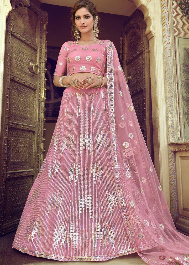 Taffy Pink Soft Net Lehenga Choli with Sequins work - qivii