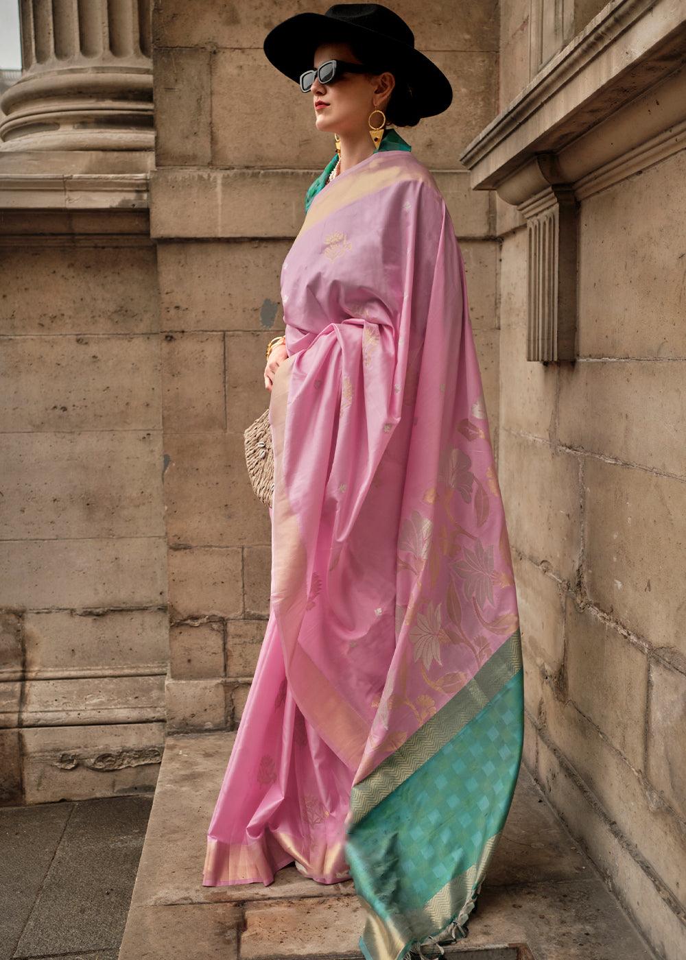 Taffy Pink Zari Handloom Woven Soft Silk Saree - qivii