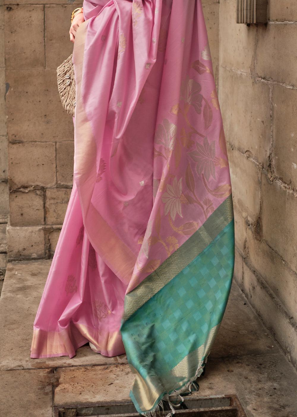 Taffy Pink Zari Handloom Woven Soft Silk Saree - qivii