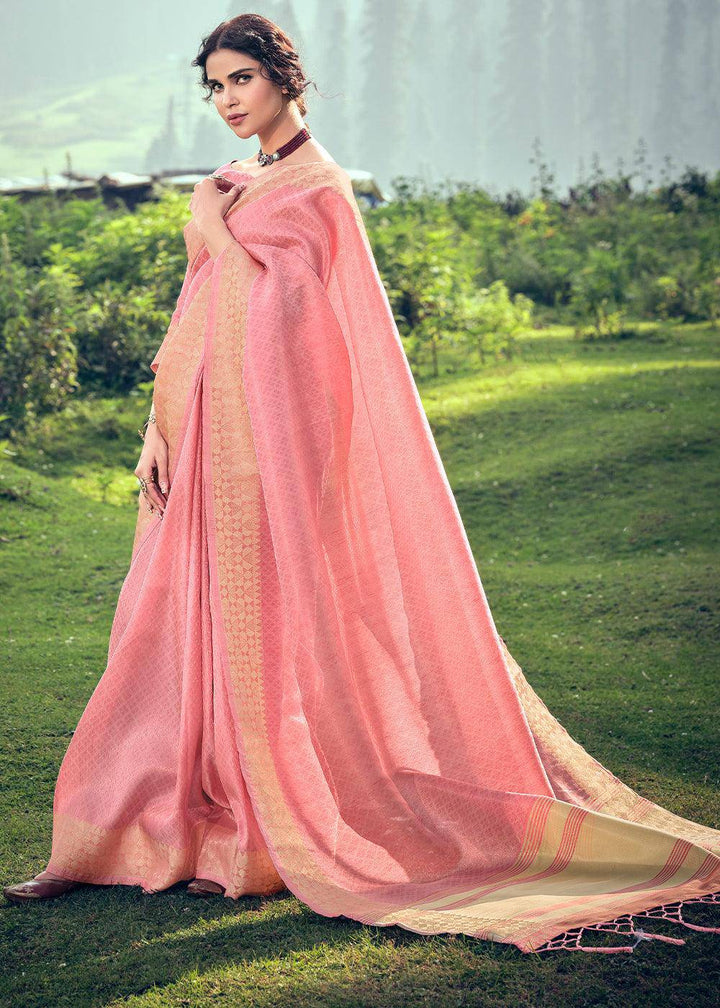 Taffy Pink Zari Woven Tissue Silk Saree | Stitched Blouse - qivii