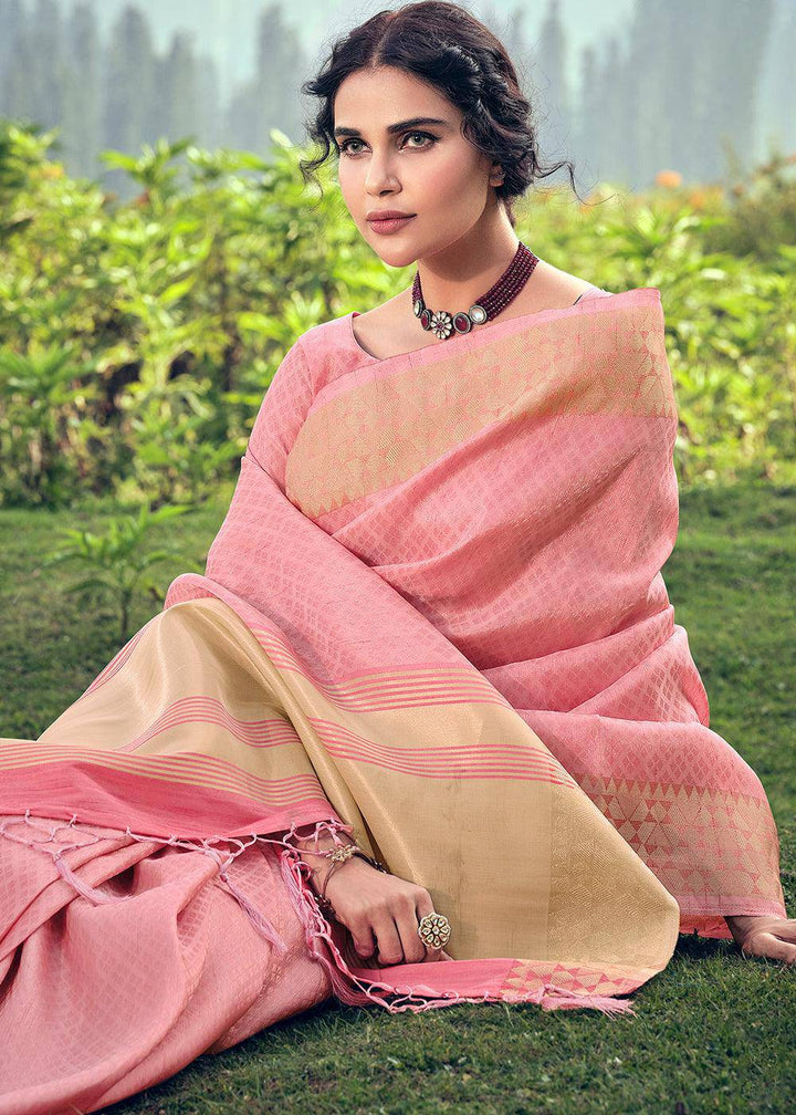 Taffy Pink Zari Woven Tissue Silk Saree | Stitched Blouse - qivii