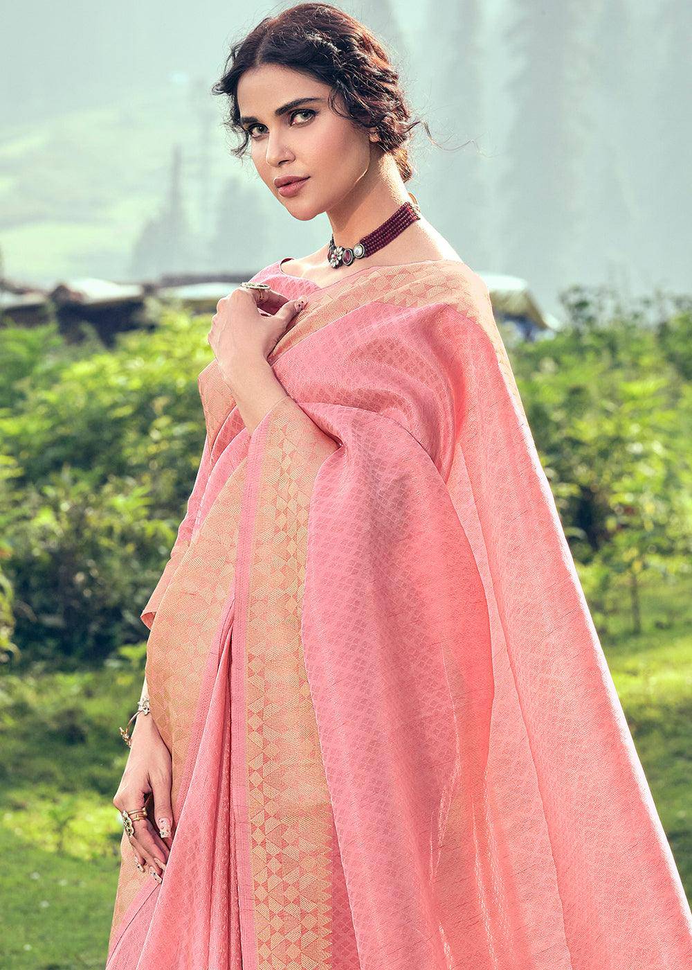 Taffy Pink Zari Woven Tissue Silk Saree | Stitched Blouse - qivii