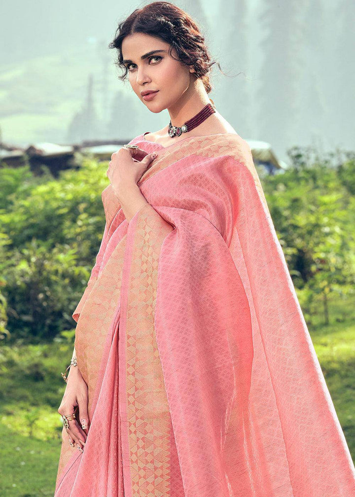 Taffy Pink Zari Woven Tissue Silk Saree | Stitched Blouse - qivii