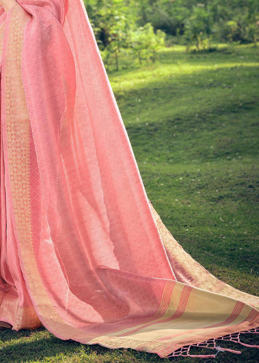 Taffy Pink Zari Woven Tissue Silk Saree | Stitched Blouse - qivii