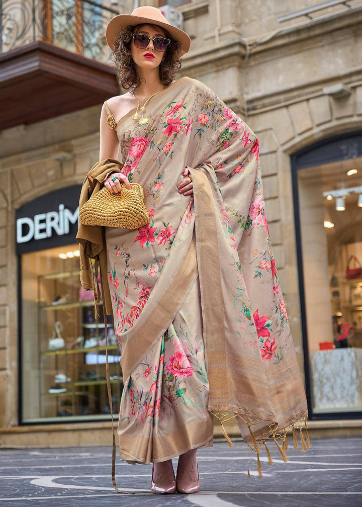 Tan Brown Digital Floral Printed Silk Saree | Stitched Blouse - qivii