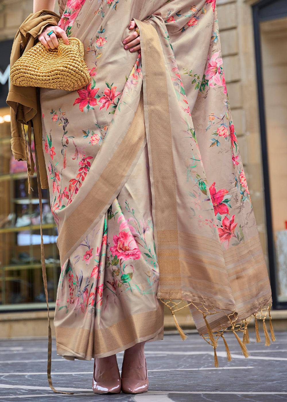 Tan Brown Digital Floral Printed Silk Saree | Stitched Blouse - qivii