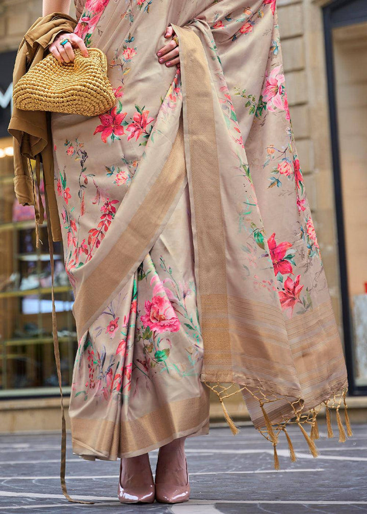 Tan Brown Digital Floral Printed Silk Saree | Stitched Blouse - qivii