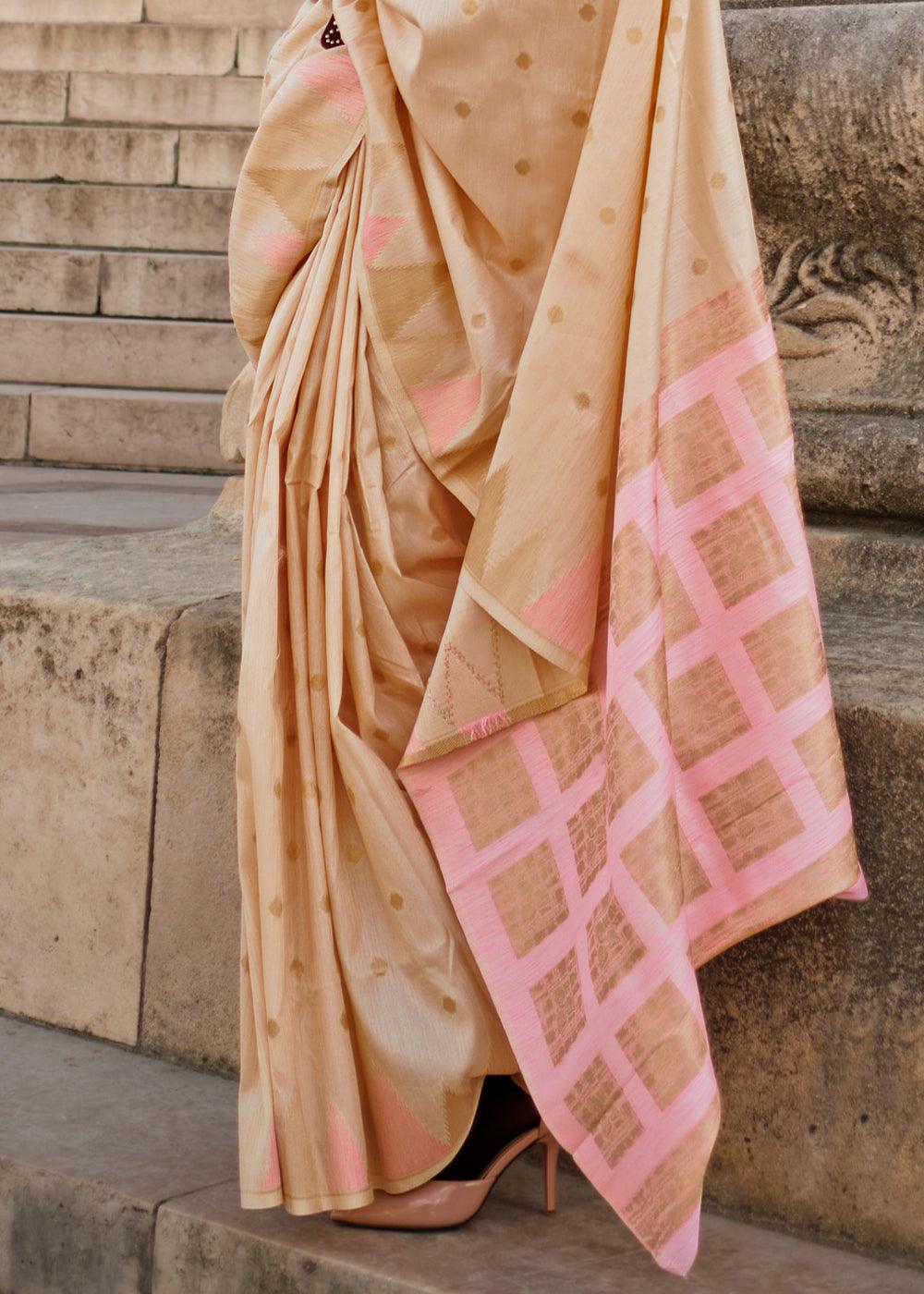 Tan Brown Handloom Woven Khadi Silk Saree - qivii