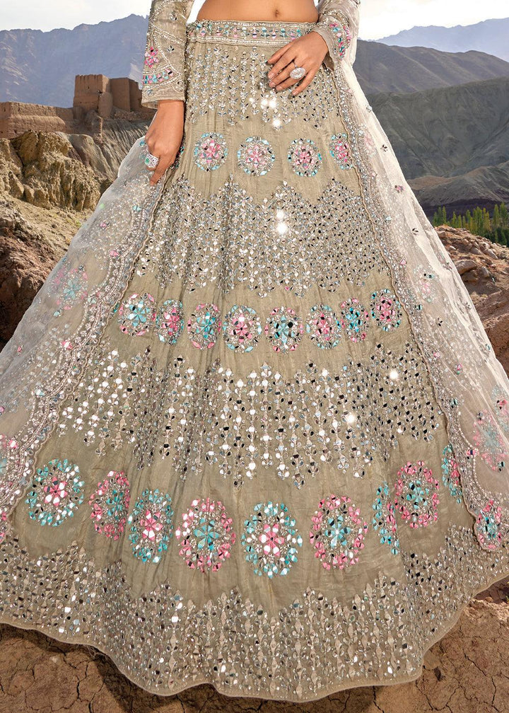 Tan Brown Organza lehenga Choli with Mirror,Zarkan & Cutwork - qivii