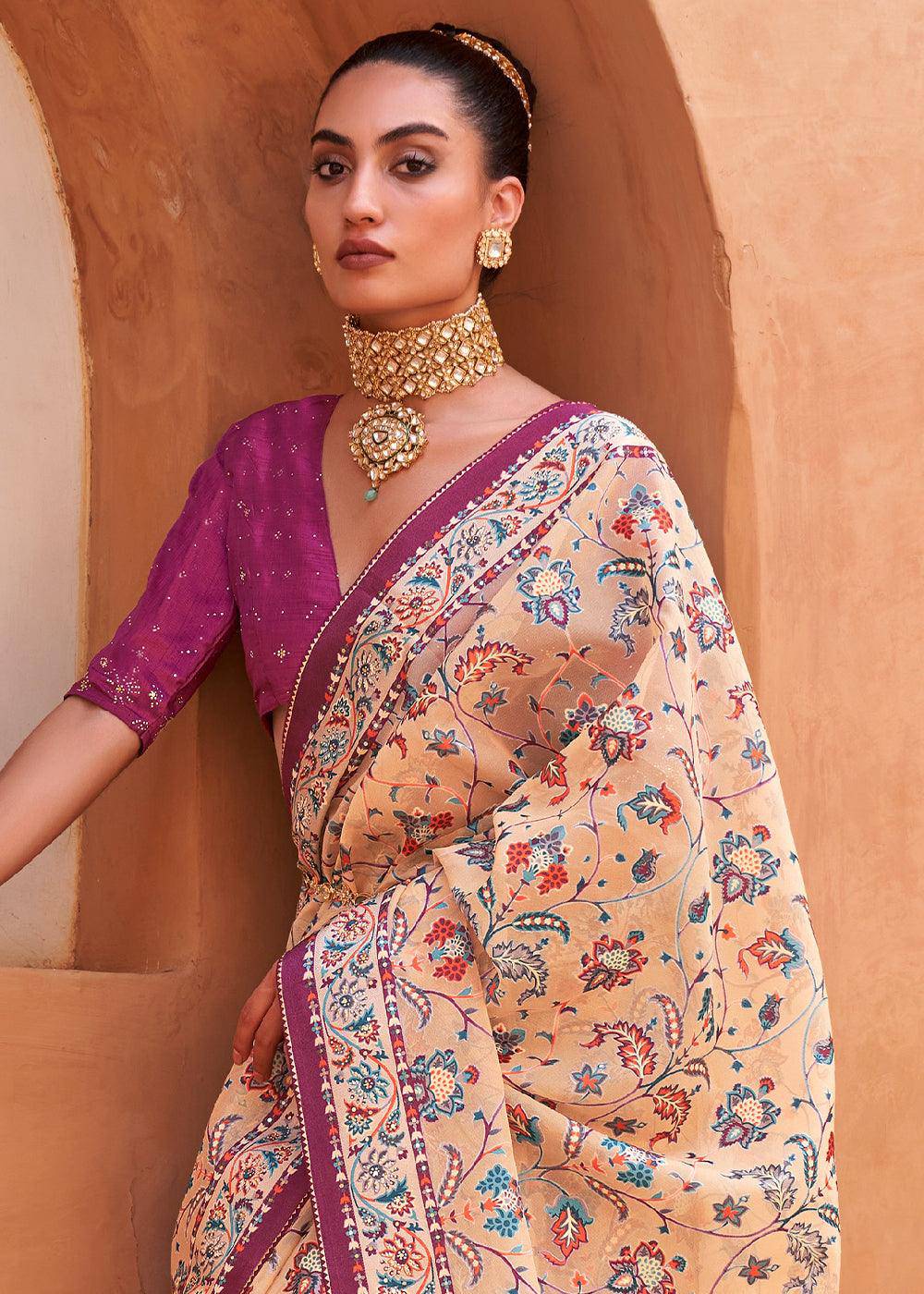 Tan Brown Patola Printed Tissue Silk Saree with Designer Blouse | Stitched Blouse - qivii