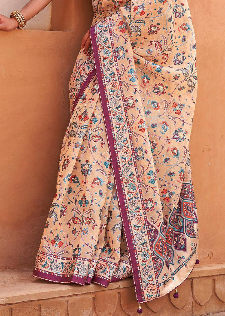 Tan Brown Patola Printed Tissue Silk Saree with Designer Blouse | Stitched Blouse - qivii