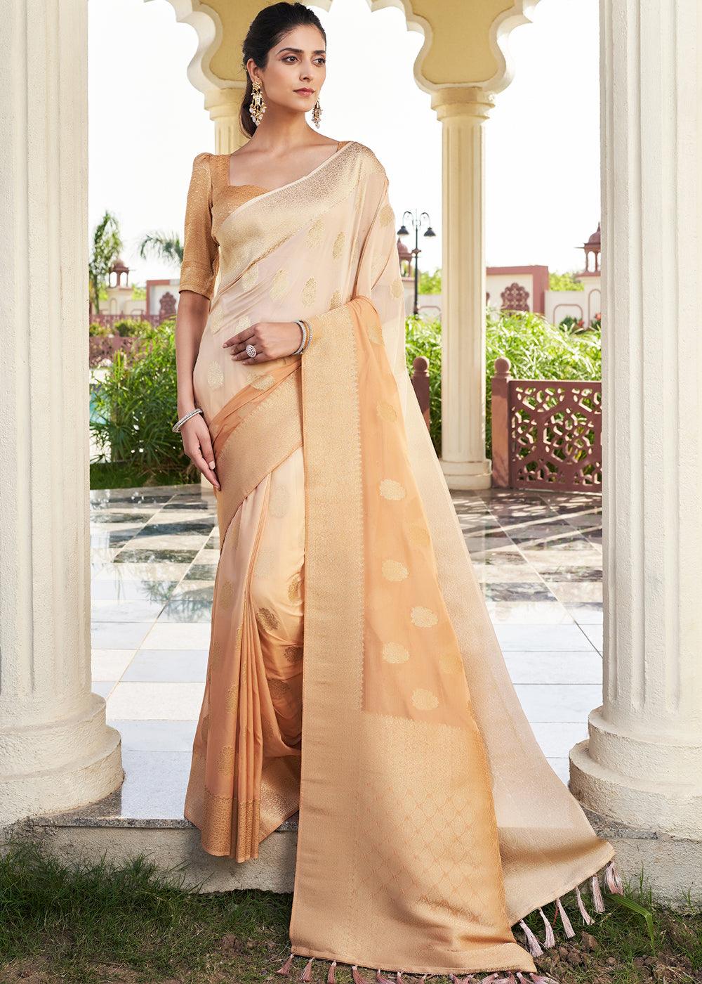 Tan Brown Zari Woven Georgette Saree - qivii