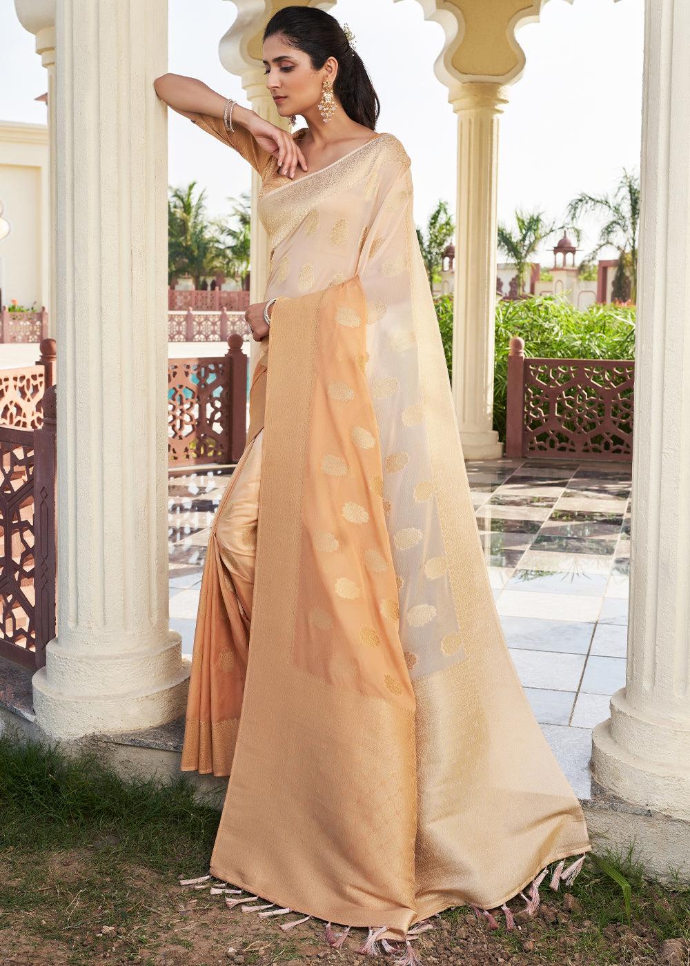 Tan Brown Zari Woven Georgette Saree - qivii