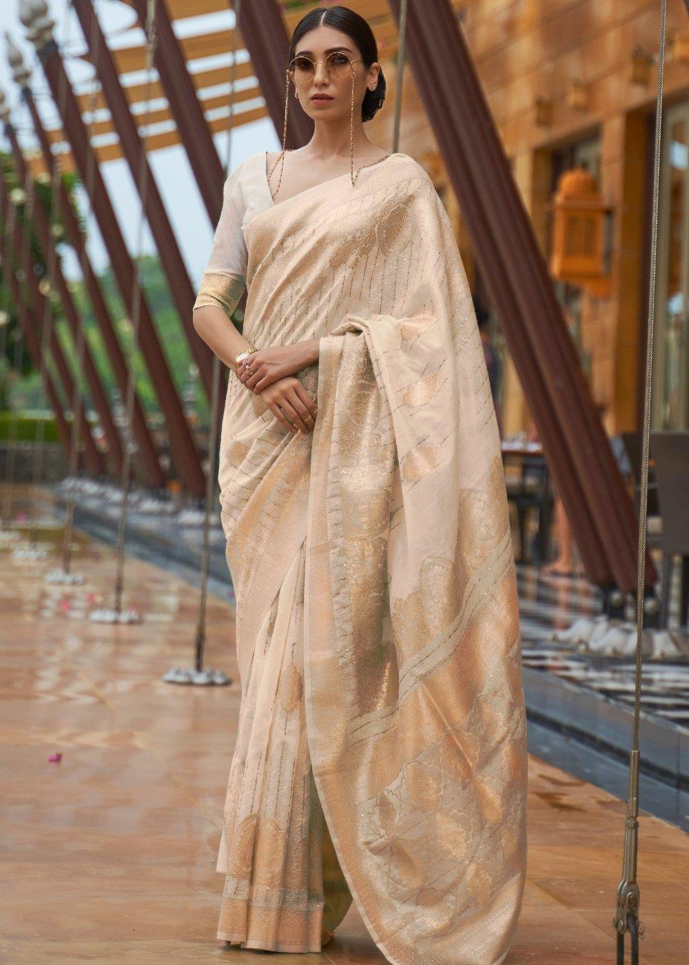 Tan Brown Zari Woven Silk Saree with Sequins work | Stitched Blouse - qivii