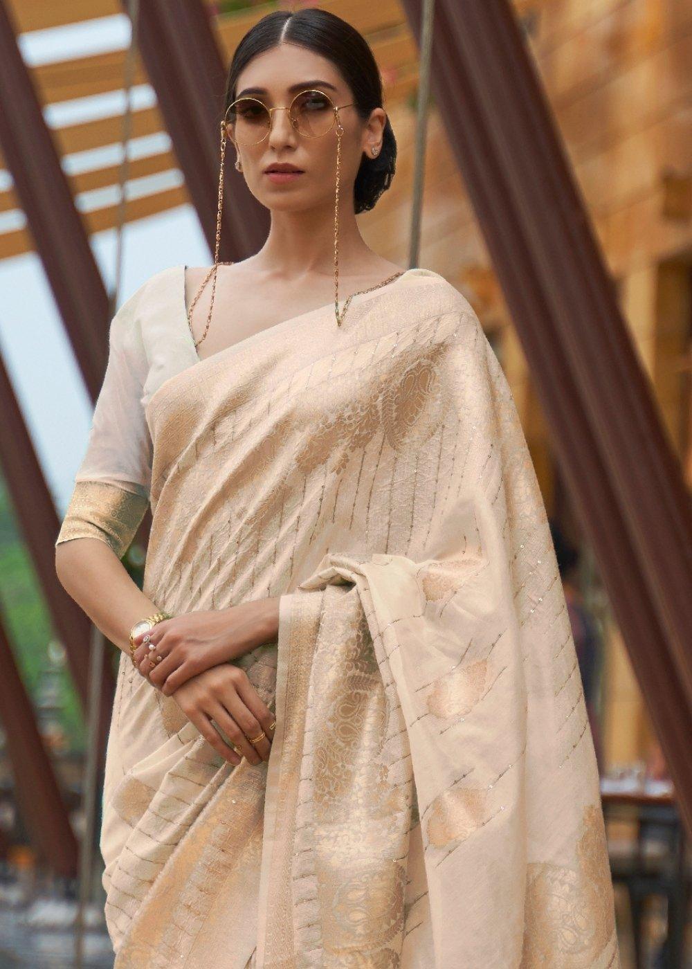 Tan Brown Zari Woven Silk Saree with Sequins work | Stitched Blouse - qivii