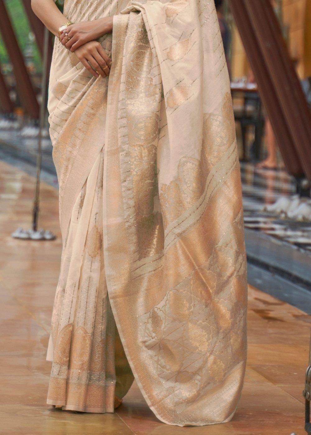 Tan Brown Zari Woven Silk Saree with Sequins work | Stitched Blouse - qivii