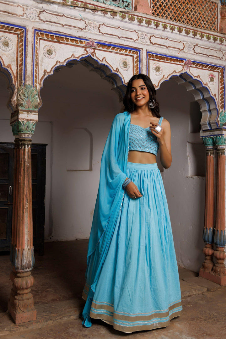 Tanager Turquoise Blue Embroidered Lehenga Set - qivii