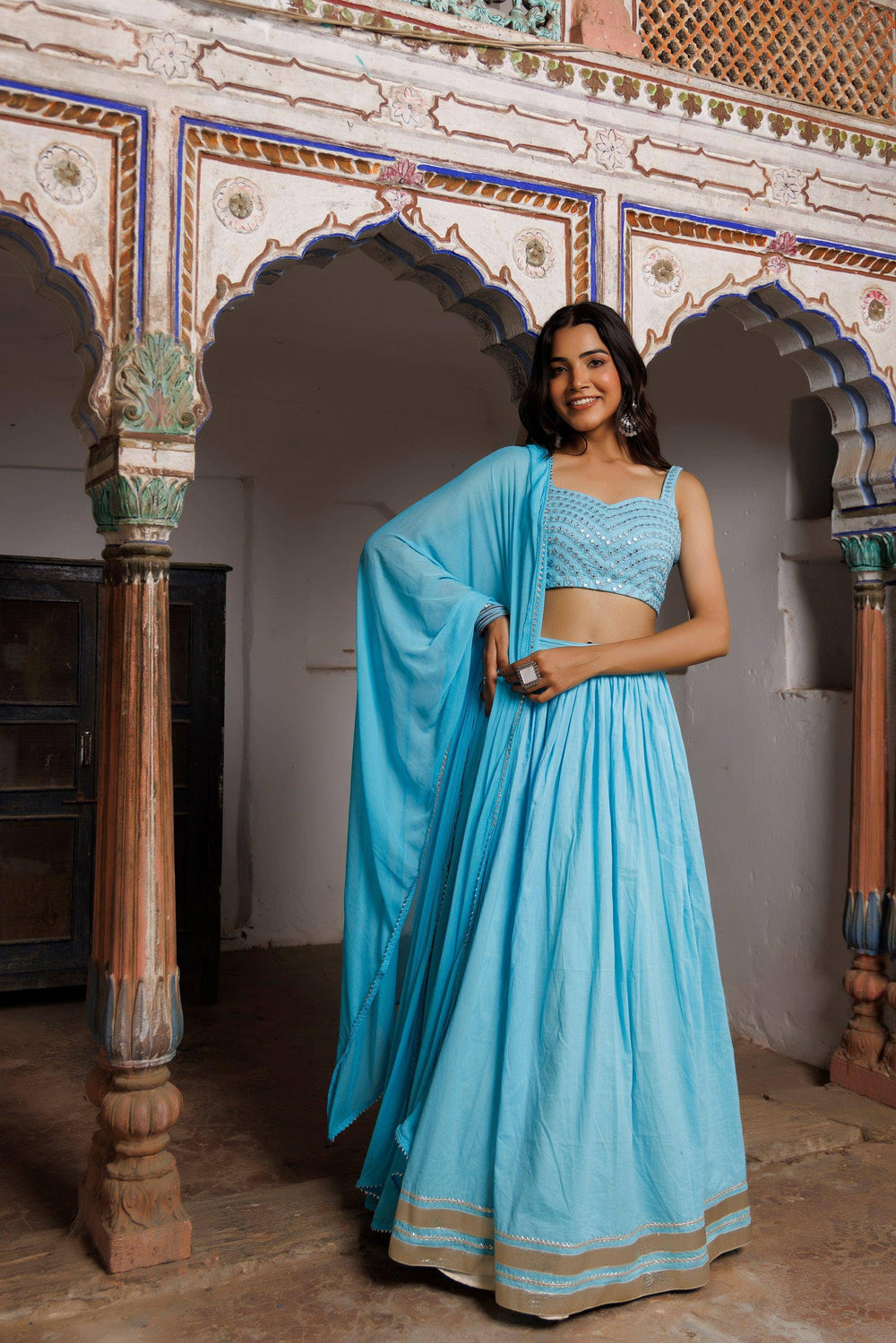 Tanager Turquoise Blue Embroidered Lehenga Set - qivii