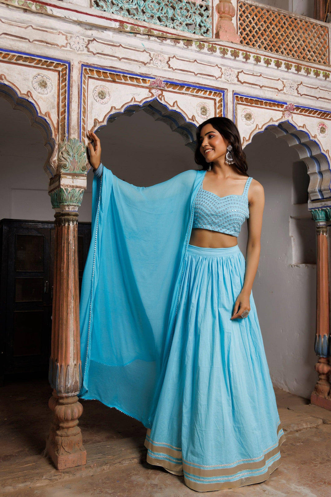 Tanager Turquoise Blue Embroidered Lehenga Set - qivii