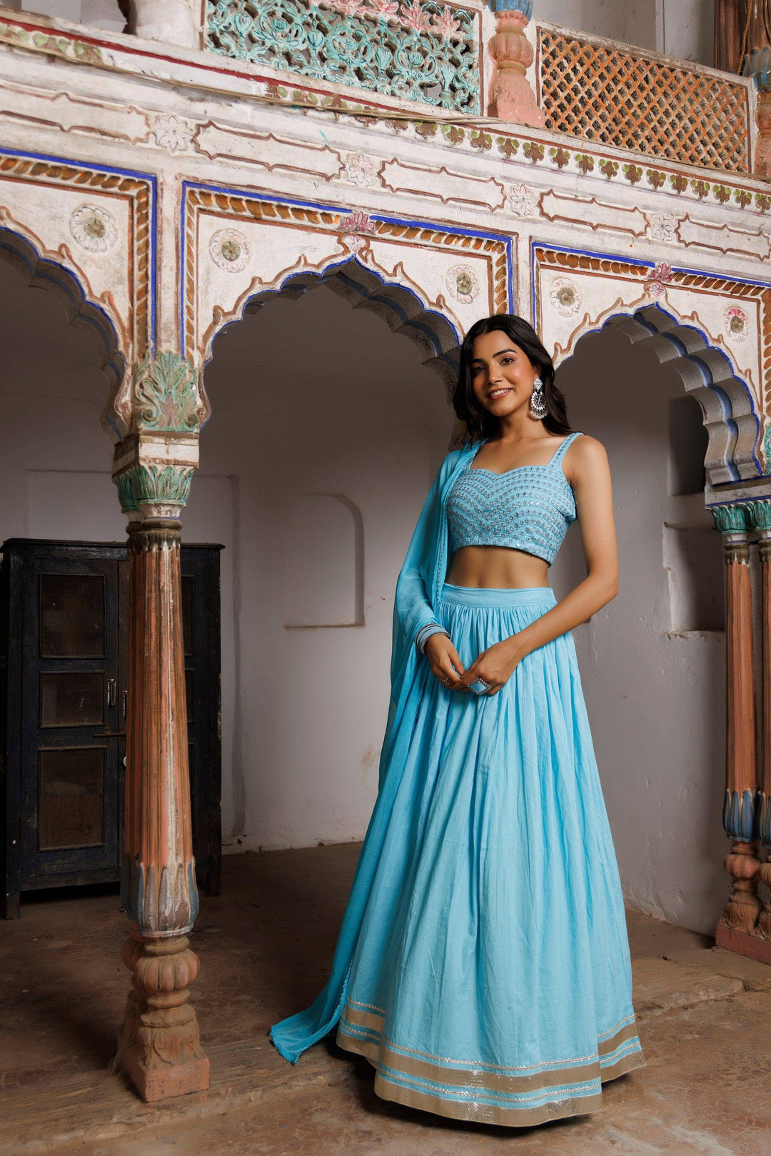 Tanager Turquoise Blue Embroidered Lehenga Set - qivii