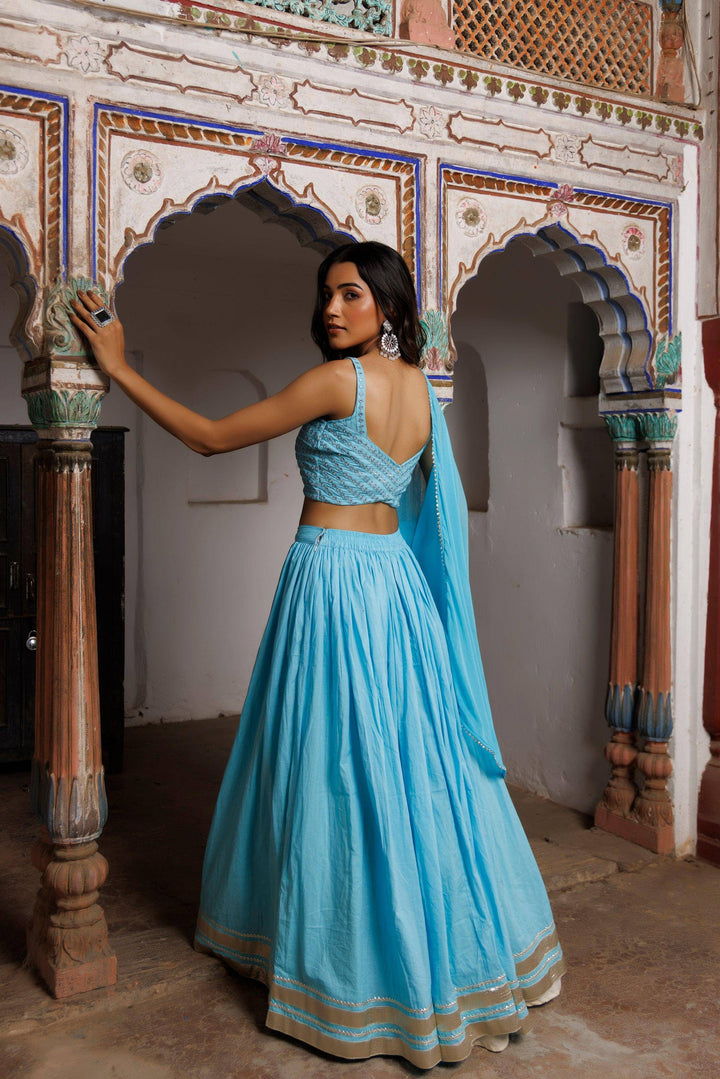 Tanager Turquoise Blue Embroidered Lehenga Set - qivii