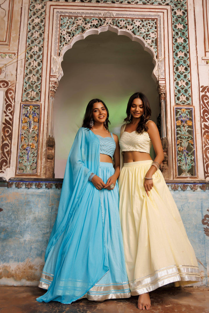 Tanager Turquoise Blue Embroidered Lehenga Set - qivii