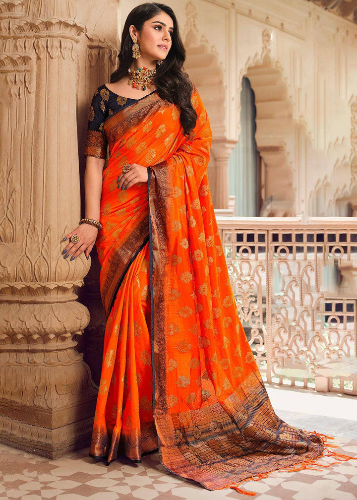 Tangelo Orange Zari Butta Woven Raw Banarasi Silk Saree | Stitched Blouse - qivii