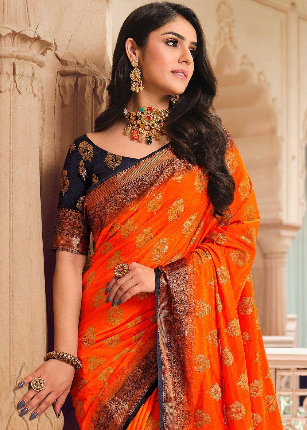 Tangelo Orange Zari Butta Woven Raw Banarasi Silk Saree | Stitched Blouse - qivii