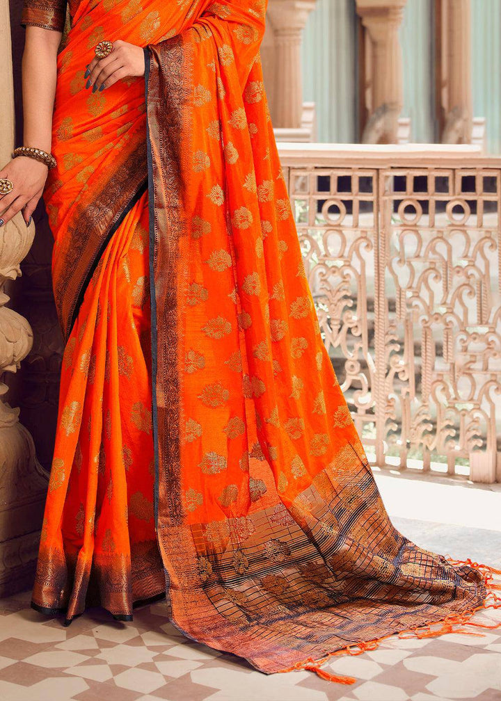 Tangelo Orange Zari Butta Woven Raw Banarasi Silk Saree | Stitched Blouse - qivii