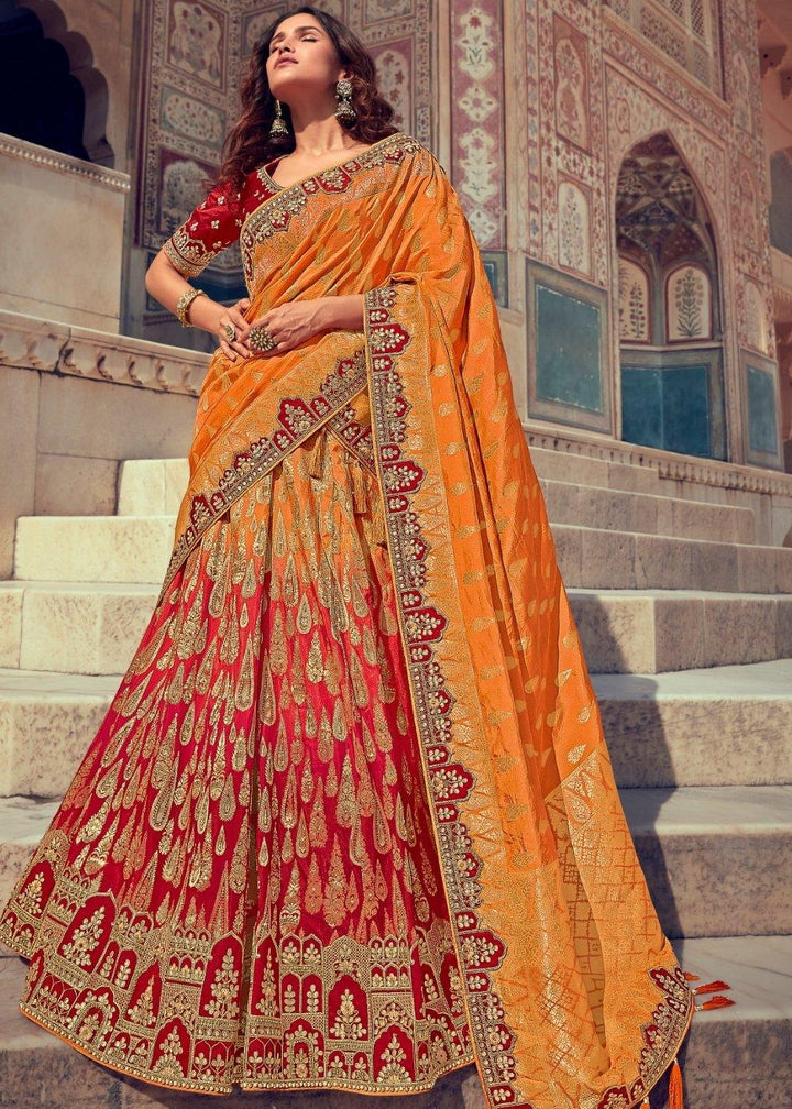 Tangerine Orange & Red Banarasi Silk Lehenga Choli with Khatli work Embroidery - qivii