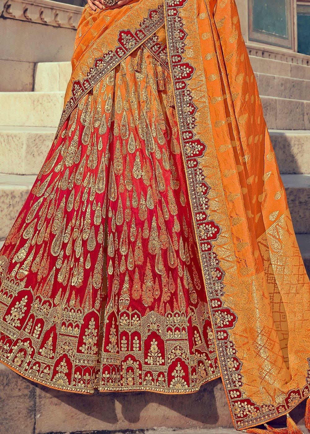 Tangerine Orange & Red Banarasi Silk Lehenga Choli with Khatli work Embroidery - qivii