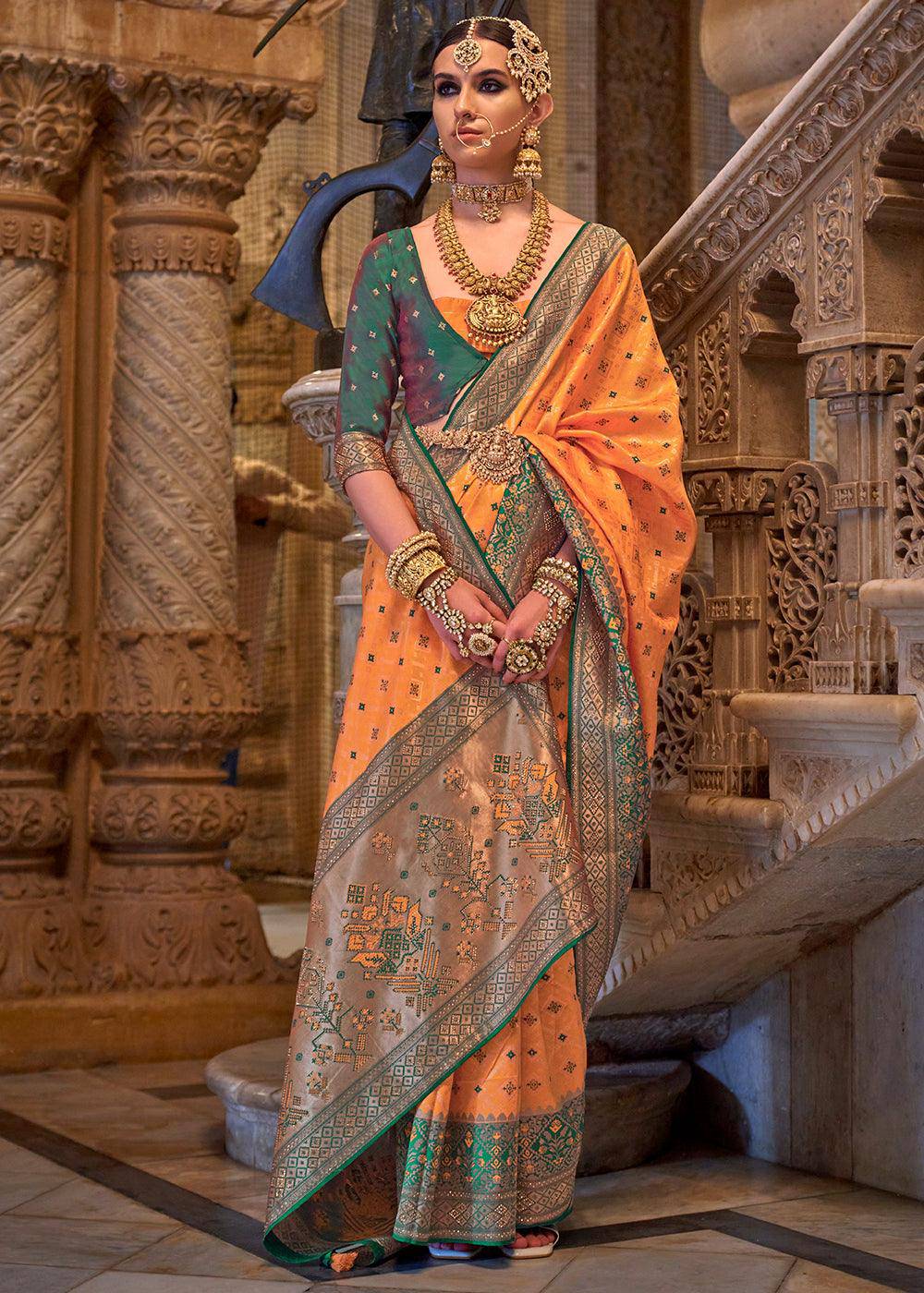 Tangerine Orange Banarasi Jacquard Silk Saree with Swarvoski work | Stitched Blouse - qivii