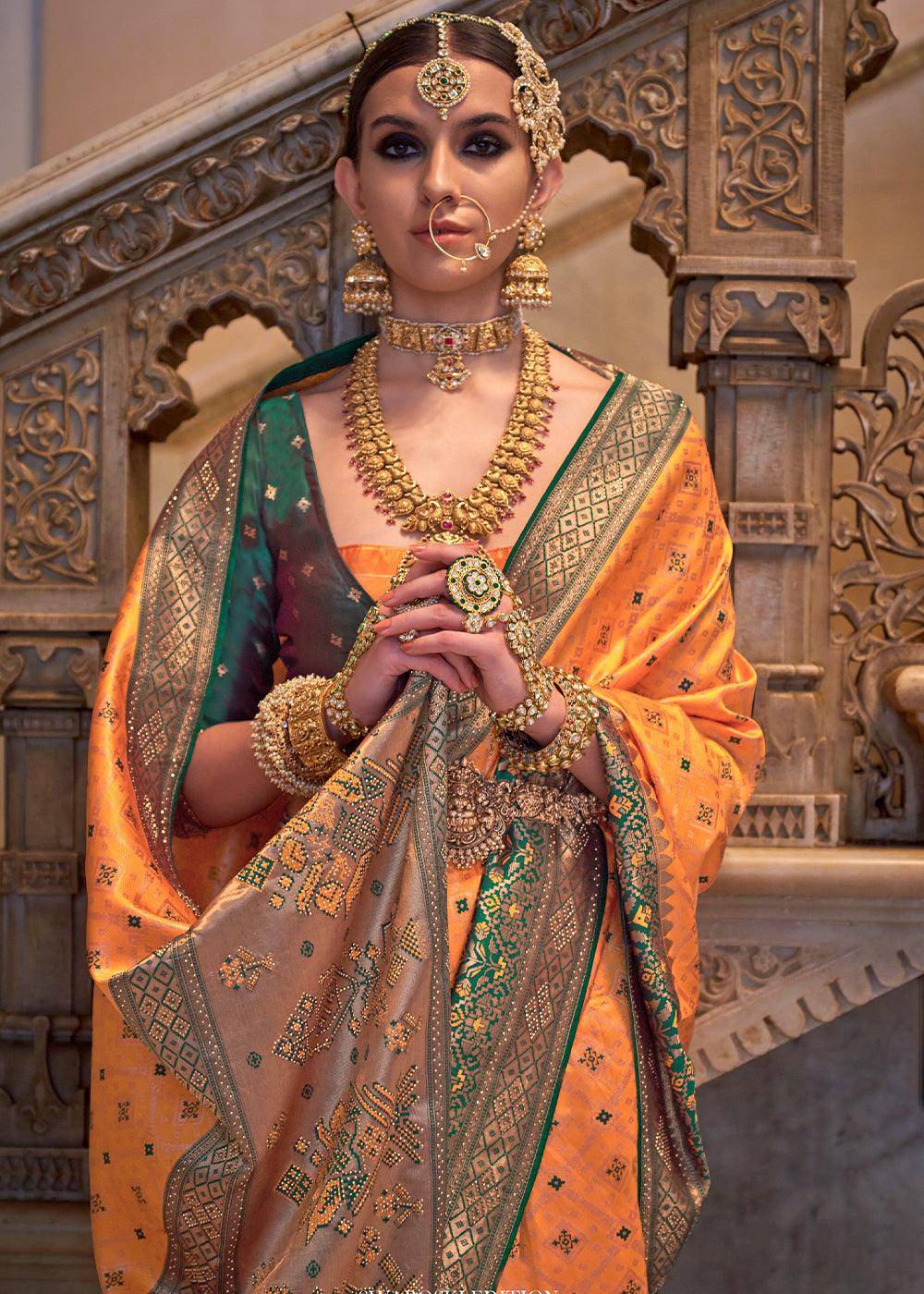 Tangerine Orange Banarasi Jacquard Silk Saree with Swarvoski work | Stitched Blouse - qivii