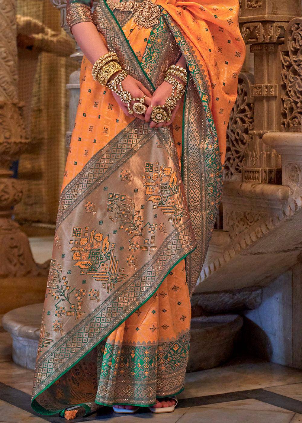 Tangerine Orange Banarasi Jacquard Silk Saree with Swarvoski work | Stitched Blouse - qivii