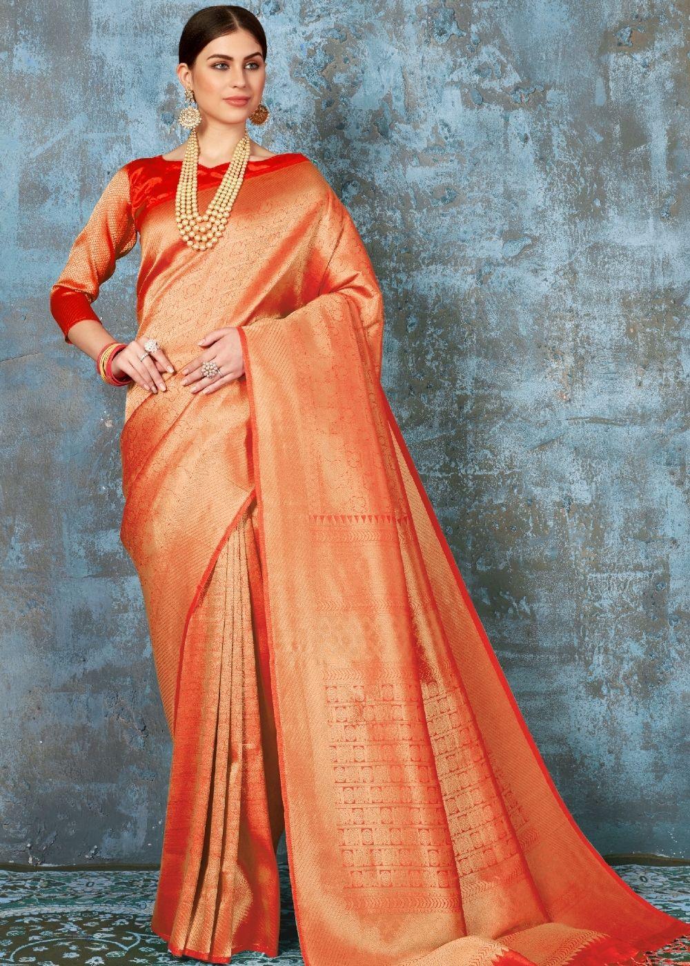 Tangerine Orange Handloom Weave Kanjivaram Silk Saree : Special Wedding Edition | Stitched Blouse - qivii