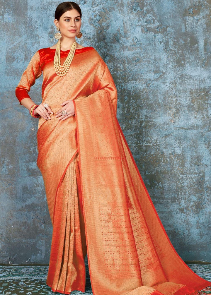 Tangerine Orange Handloom Weave Kanjivaram Silk Saree : Special Wedding Edition | Stitched Blouse - qivii