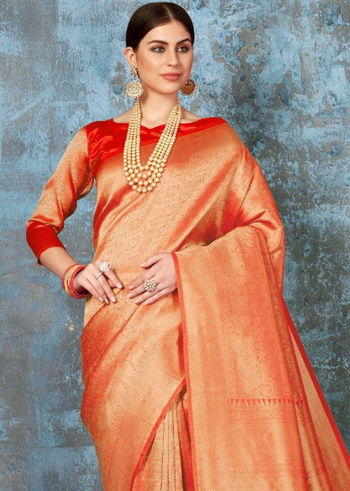 Tangerine Orange Handloom Weave Kanjivaram Silk Saree : Special Wedding Edition | Stitched Blouse - qivii