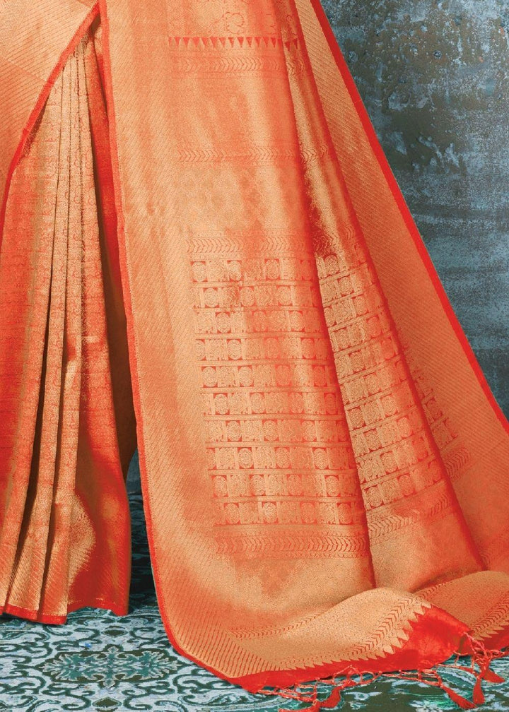 Tangerine Orange Handloom Weave Kanjivaram Silk Saree : Special Wedding Edition | Stitched Blouse - qivii