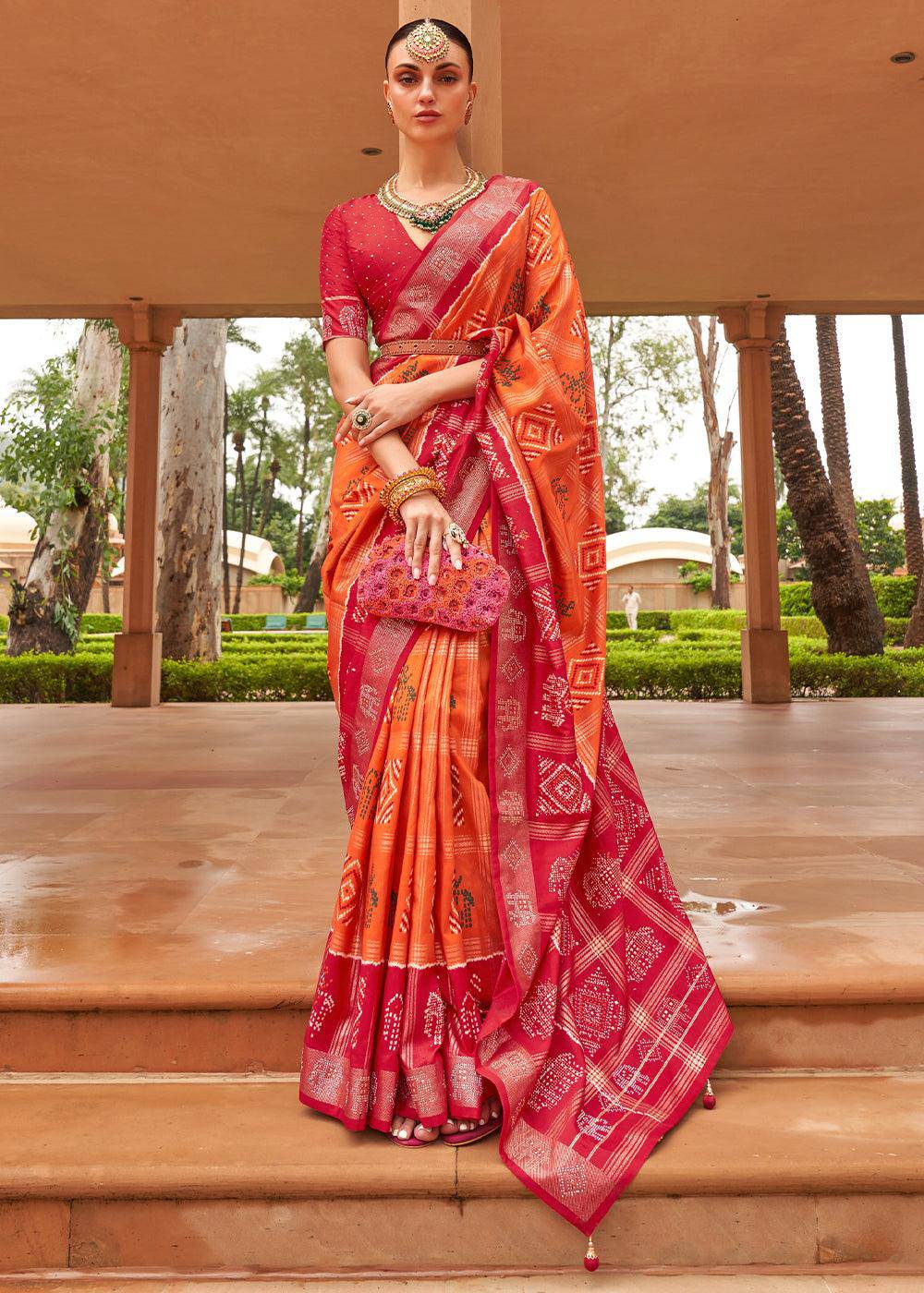 Tangerine Orange Printed Patola Silk Saree with Swaroski Work | Stitched Blouse - qivii