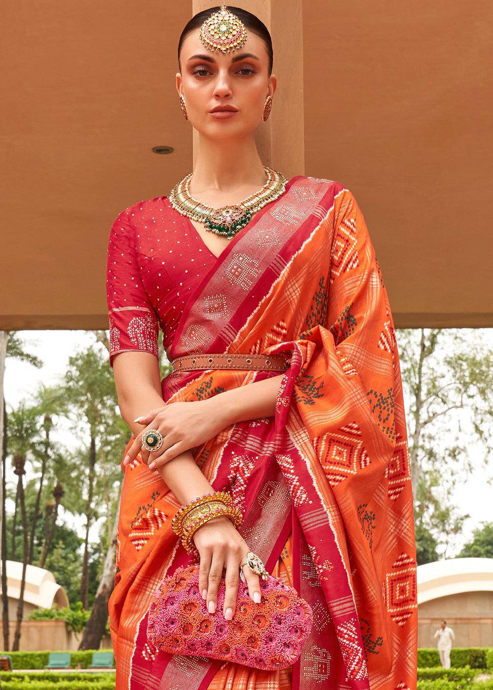 Tangerine Orange Printed Patola Silk Saree with Swaroski Work | Stitched Blouse - qivii