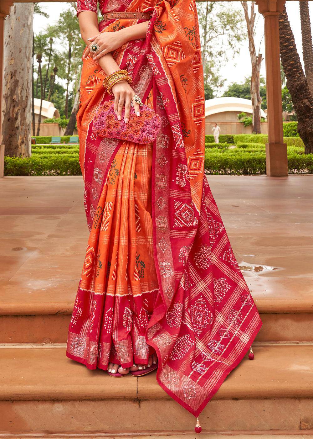 Tangerine Orange Printed Patola Silk Saree with Swaroski Work | Stitched Blouse - qivii