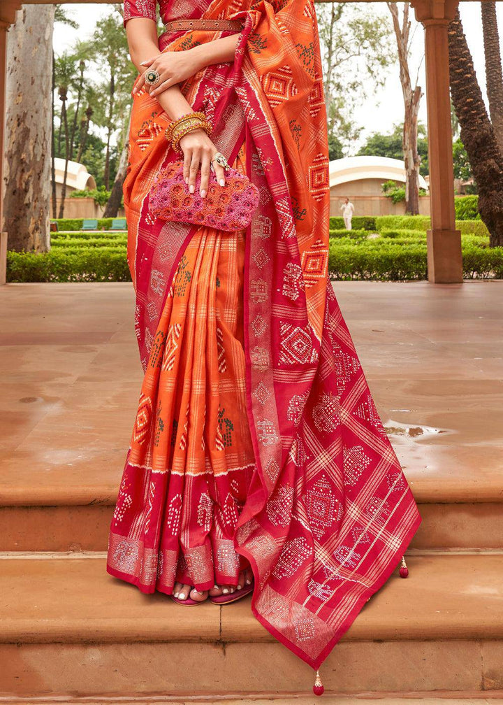 Tangerine Orange Printed Patola Silk Saree with Swaroski Work | Stitched Blouse - qivii