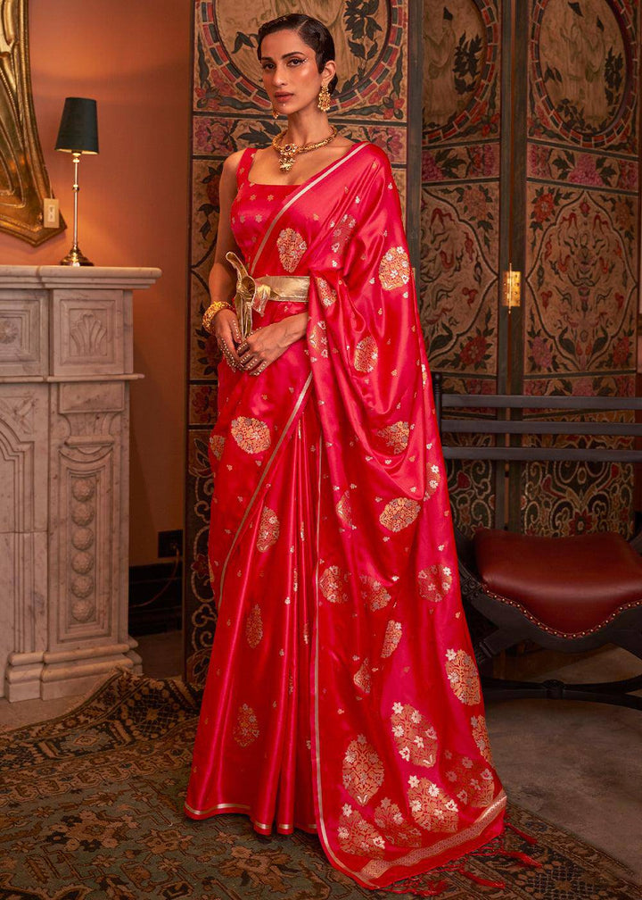 Tart Red Copper Zari Woven Satin Silk Saree | Stitched Blouse - qivii