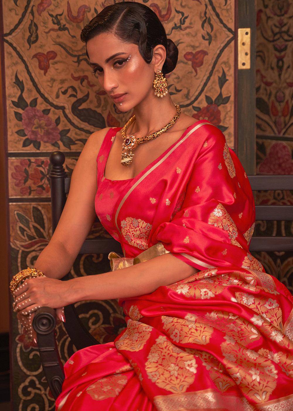 Tart Red Copper Zari Woven Satin Silk Saree | Stitched Blouse - qivii