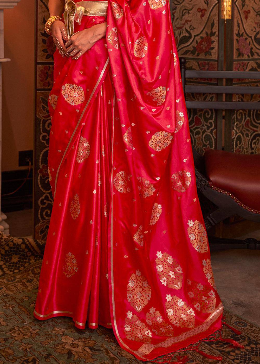 Tart Red Copper Zari Woven Satin Silk Saree | Stitched Blouse - qivii